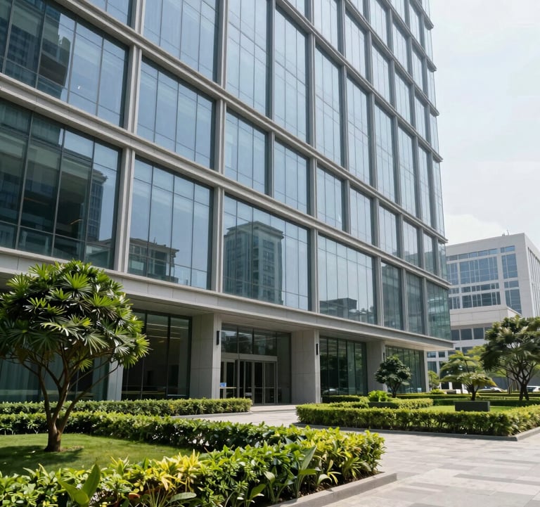 Clean, bright photography of a contemporary office building exterior with glass facades and manicured greenery, located in a premium South Asian business district. Midday natural lighting.