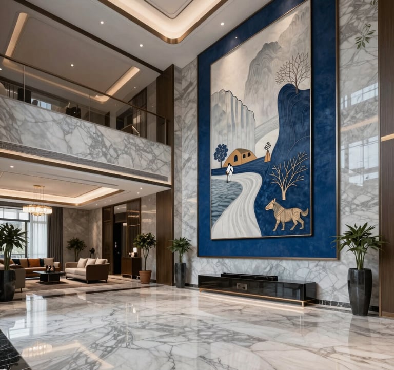 An interior shot of a luxurious modern apartment lobby with high ceilings, marble flooring, and elegant South Asian contemporary art, featuring deep blue and soft gray accents.