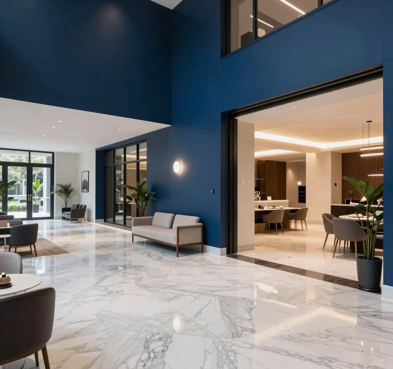 A photography shot of a luxurious interior lobby of a high-end South Asian apartment complex. The space features white marble flooring, deep blue accent walls, and modern minimalist furniture. Professional architectural lighting emphasizes the sophisticated and reliable brand image.