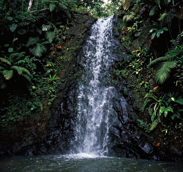 Photography of a hidden waterfall within a private estate in a Central American / Costa Rican jungle. Shimmering water against deep charcoal forest green rocks and vibrant tropical plants.