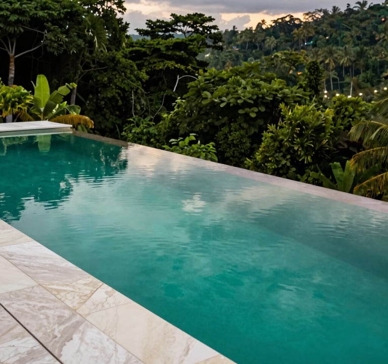 A close-up photograph of a luxury infinity pool edge in Costa Rica, where the water perfectly reflects a vibrant tropical emerald green sky at dusk. The poolside deck is made of elegant creamy off-white marble, contrasting with the deep obsidian green of the surrounding jungle canopy.