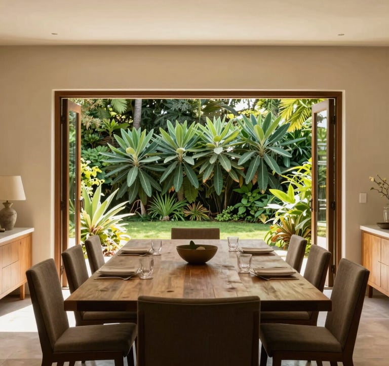 An interior shot of a sophisticated dining room in a Central American / Costa Rican luxury home. Warm Cream walls complement a large wooden table. Large folding doors open to a garden filled with vibrant Emerald Sage foliage, shot in bright natural light.