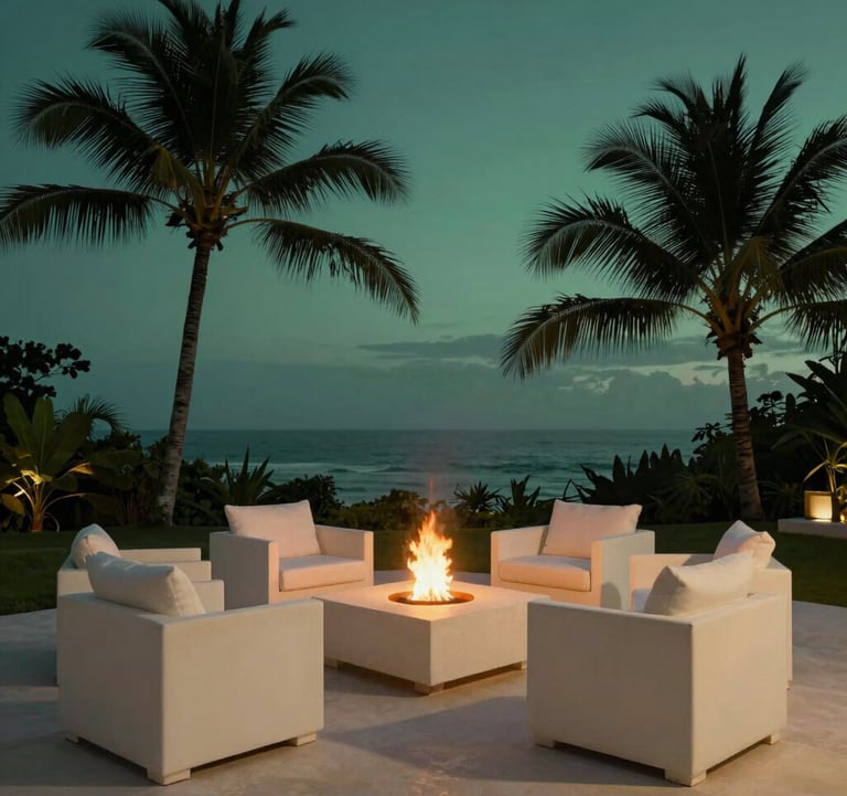 A serene twilight view of a sustainable luxury terrace in a Central American / Costa Rican coastal estate. Low-profile furniture in elegant creamy off-white is arranged around a fire pit, with silhouettes of palm trees against a deep obsidian green background and soft misty sage green lighting.