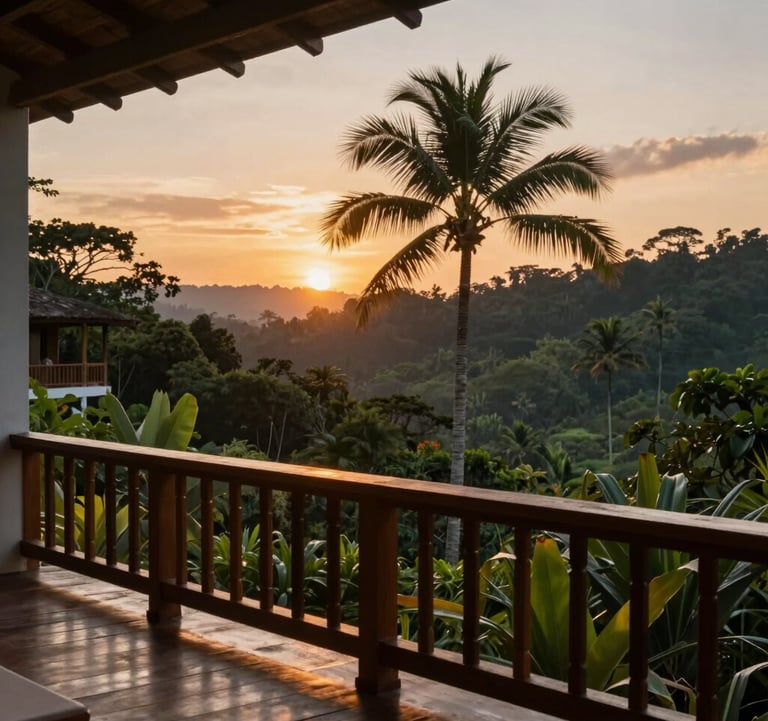A high-end lifestyle shot of a sunset view from a wooden balcony in a Central American / Costa Rican luxury villa. Warm lighting, silhouettes of palm trees against a deep charcoal forest green sky.