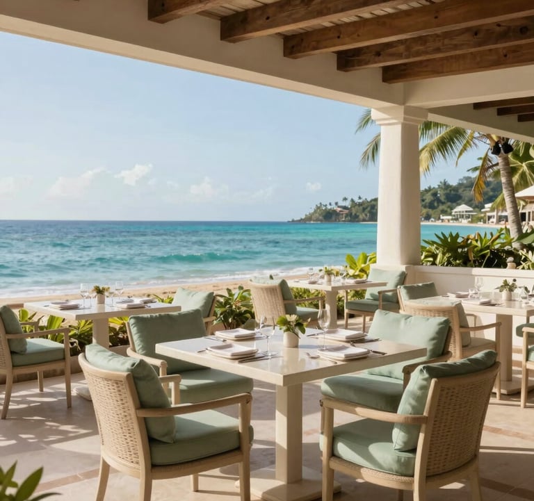 Photography of a serene outdoor dining terrace at a premium property in a Central American / Costa Rican beach town. Elegant cream off-white tables, muted sage green cushions, and a view of the turquoise sea under a clear sky.