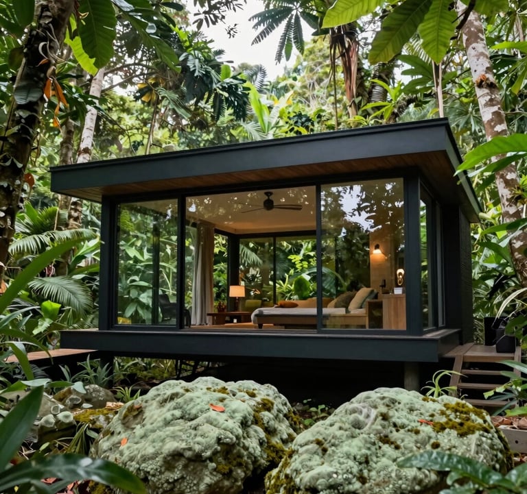 Architectural photography of a modern luxury jungle cabin with floor-to-ceiling windows in a Central American / Costa Rican rainforest. Bright daylight, vibrant rich emerald green leaves, and soft muted sage green mossy stones nearby.