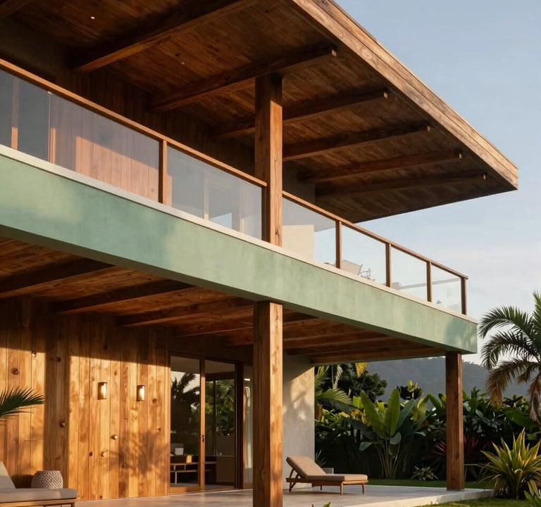 Modern tropical architecture of a luxury villa in a Central American / Costa Rican setting. The building features elegant wooden beams and sage green accents, captured during the golden hour to highlight the sophisticated texture.