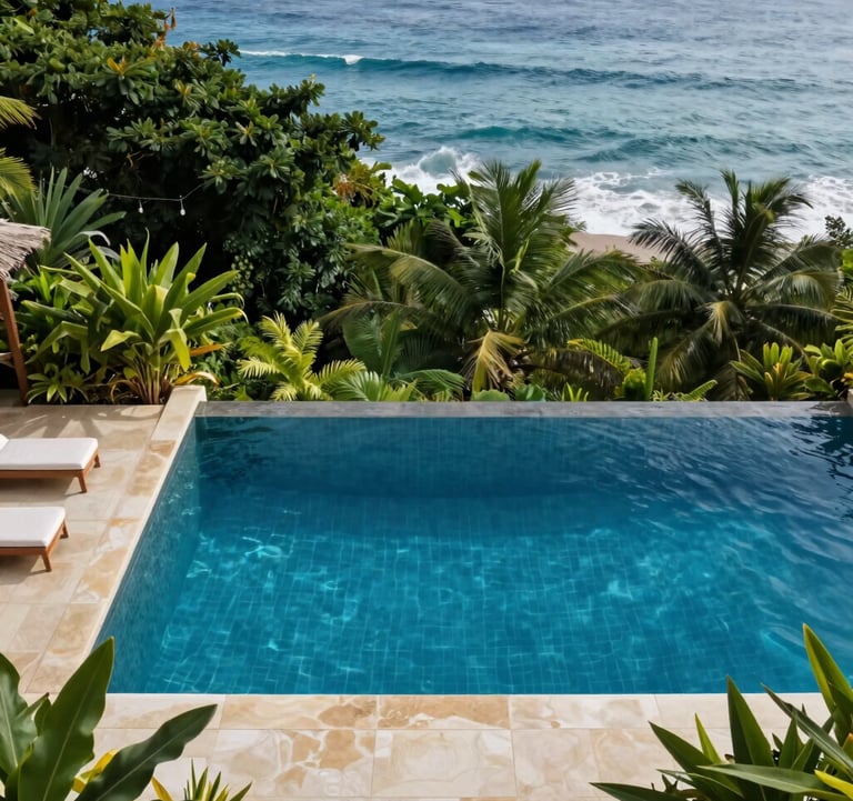 Top-down view of a luxury infinity pool overlooking the ocean in Costa Rica. The water is a deep crystalline blue, surrounded by Warm Cream tiles and lush Deep Forest Green tropical plants. High-end lifestyle photography.