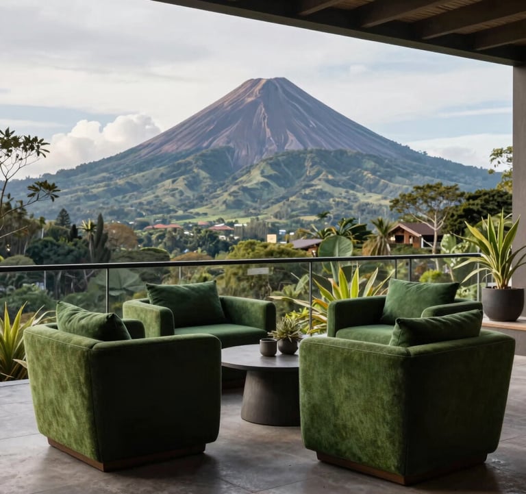 A luxury terrace with panoramic views of the Arenal volcano in Costa Rica. Modern outdoor lounge furniture in emerald moss and deep forest green tones. Professional architectural photography showcasing exclusive living.