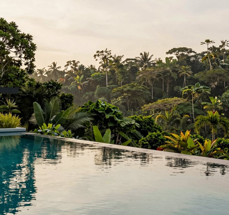 A serene private infinity pool at a luxury estate in Costa Rica, overlooking the deep forest green of the jungle. The water reflects the creamy off-white sky, evoking a sense of calm and opulence. High-end real estate photography.