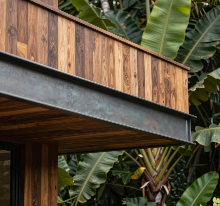 A close-up of architectural details on a luxury eco-home in Costa Rica. Textures of sustainable wood and Muted Leaf colored metal accents against a background of vibrant tropical leaves. Elegant and aspirational mood.