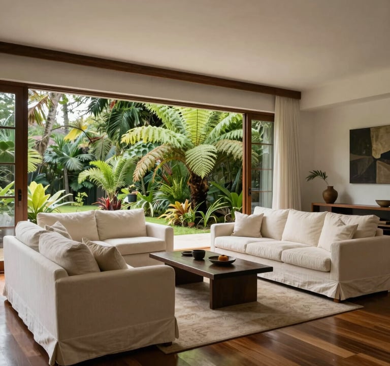 Photography of a grand open-concept living room in a Central American / Costa Rican luxury home. Interior design features elegant cream off-white linen sofas, polished dark wood floors, and a view of a private garden filled with rich emerald green ferns. Soft afternoon light.
