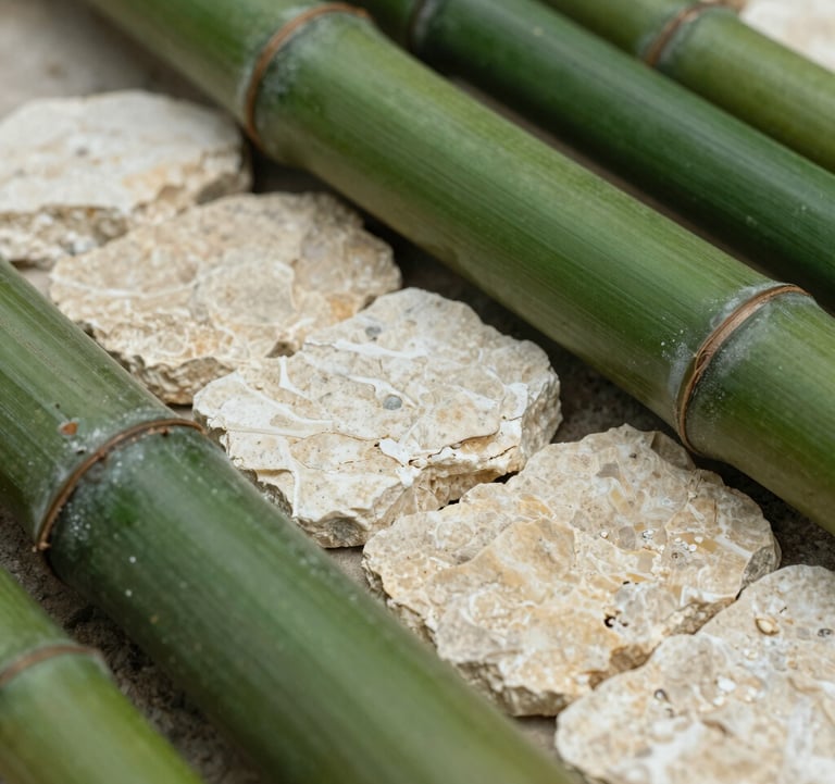 Macro photography of sustainable building materials like local bamboo and stone used in a Central American / Costa Rican eco-luxury home. Soft natural lighting, focusing on textures of elegant cream off-white and rich emerald green.
