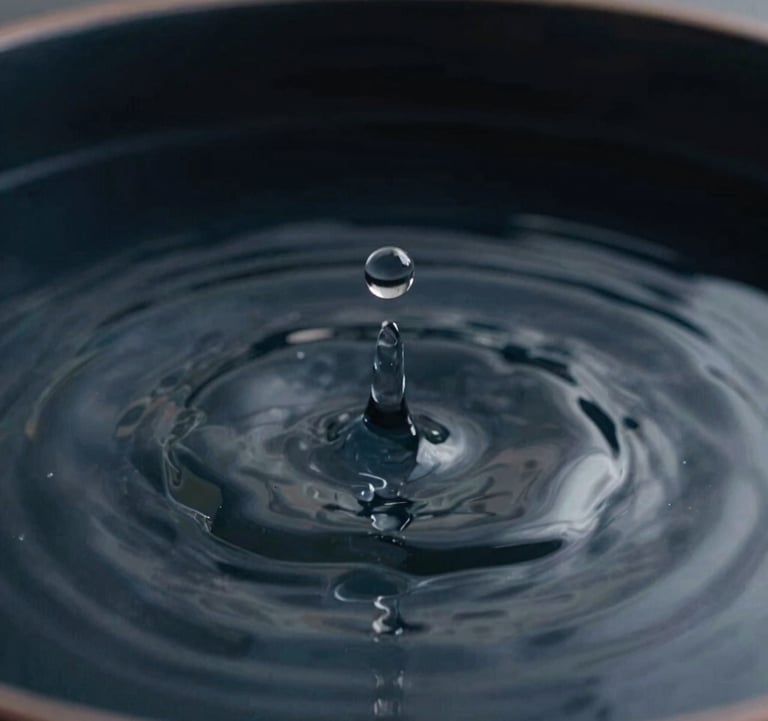 A macro shot of a single drop of water falling into a still basin of dark navy water. The ripples are perfectly symmetrical and clean. The aesthetic is premium, soulful, and evocative of a meditative pause.