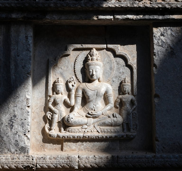 High-contrast photography of weathered, ancient stone textures in a remote temple. The lighting is dramatic, casting deep navy night shadows across pearl white stone carvings. Close-up composition focusing on the tactile quality of history.