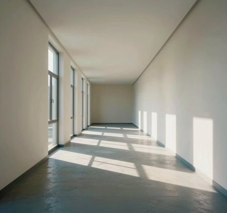 A minimalist architectural interior featuring a long, empty corridor with creamy off-white walls. Natural light falls through high windows, casting long, geometric shadows in muted steel blue across the floor, symbolizing clarity and empty space.