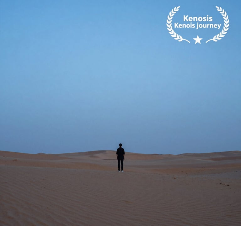 A solitary person standing in a vast, quiet desert landscape during the blue hour. The horizon is a clean line of slate blue meeting a mist blue sky. The composition is minimalist, emphasizing the 'emptiness' and peace of the Kenosis journey.