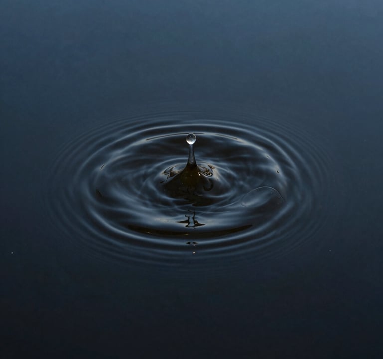 A professional fine-art photograph of a single ripple Expanding across a dark earthy blue pool of water. The composition is minimalist and centered, capturing perfect stillness interrupted by a moment of presence.