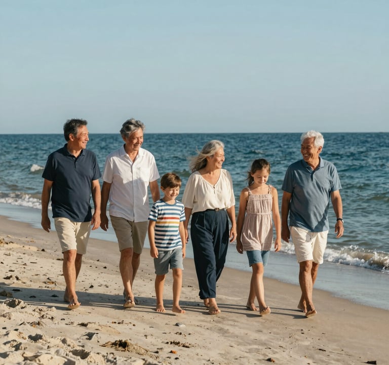 A multi-generational family walking together along a pristine North American sandy beach during a bright, sunny day. The composition is a medium shot capturing their joyful expressions. The palette features deep navy ocean water and soft sky blue sky.