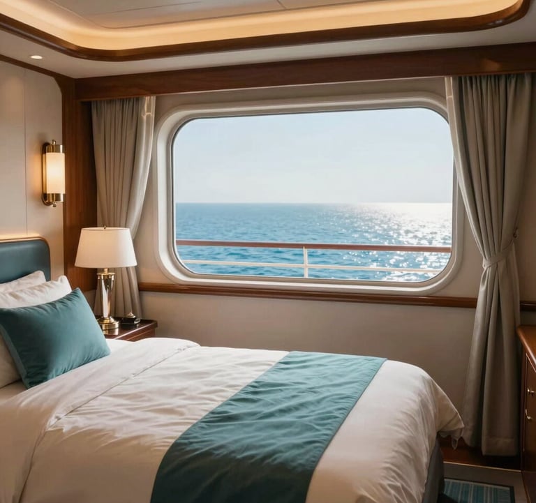 A luxury cruise ship cabin interior with a view through the window of a light blue ocean, featuring sophisticated cream-colored bedding and teal accents in a North American style.