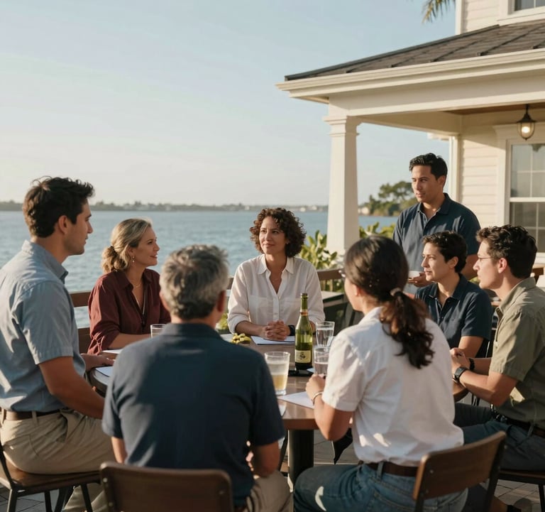 A group of professionals in casual North American attire engaged in a team-building retreat on a scenic waterfront terrace. The atmosphere is professional yet relaxed, with soft sky blue and warm cream tones in the surrounding architecture and bright natural lighting.