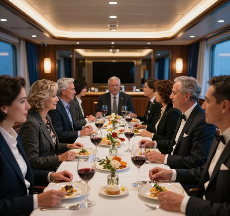 A sophisticated dining room on a luxury liner with warm lighting and deep blue accents. A group of professional adults are enjoying a formal dinner, with wine glasses and elegant table settings. North American / US style.