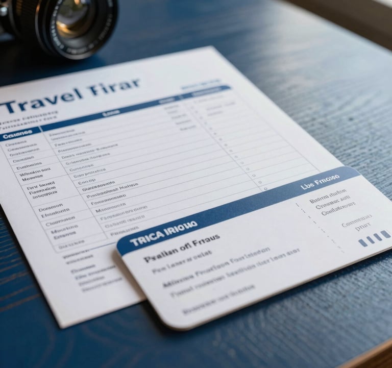 A close-up photograph of a professional travel itinerary and a cruise ticket resting on a sophisticated dark blue wooden table, symbolizing organized and stress-free planning.