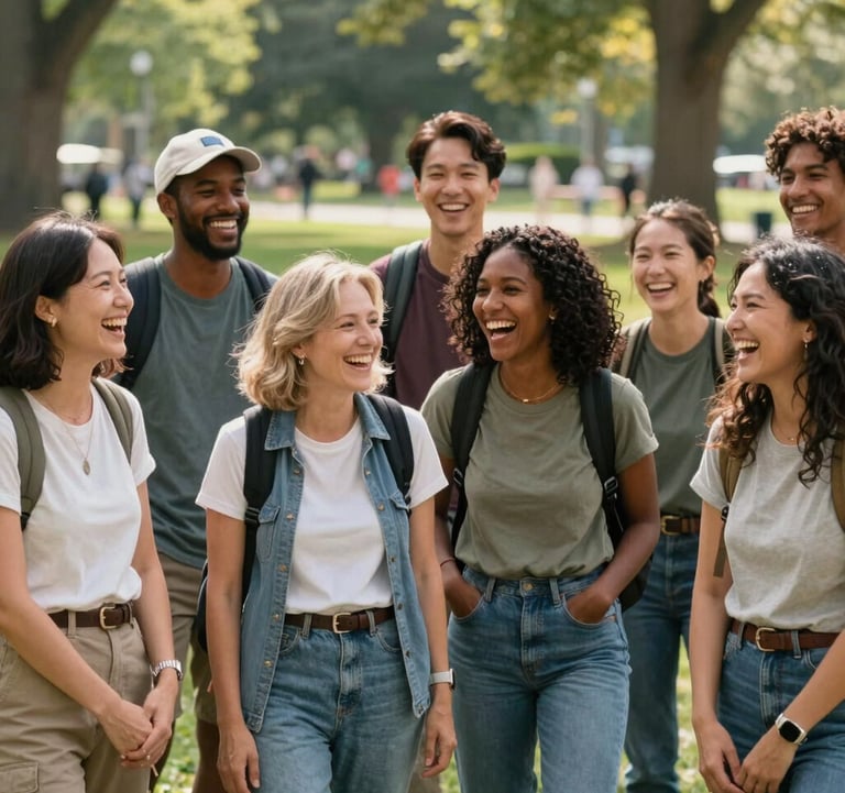 A cheerful group of North American travelers of varying ages laughing together in a sunny outdoor park setting, dressed in casual travel attire, embodying a stress-free community group experience.