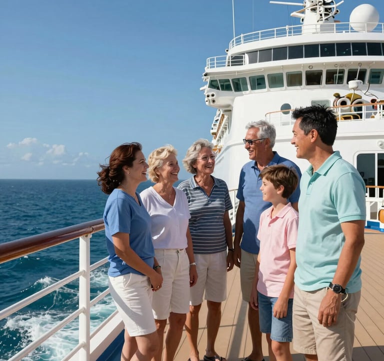 A group of family members of different ages laughing on the deck of a cruise ship with a backdrop of a clear blue North American sky and light teal ocean waves.