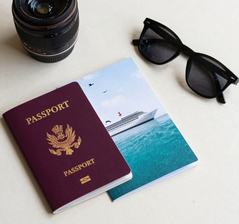 A professional flat-lay photograph of travel essentials including a passport, a luxury cruise brochure with teal accents, and a pair of sunglasses on a clean cream-colored surface.