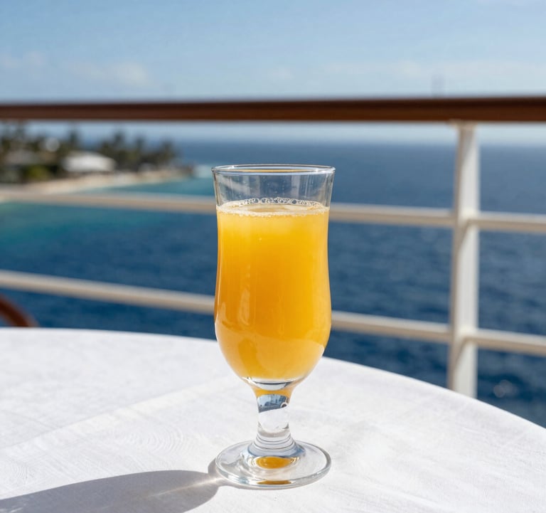 A close-up of a glass of refreshing juice on a white linen table on a cruise ship balcony overlooking the ocean. The background shows a blurred North American tropical coastline under bright midday sun, with deep navy and soft sky blue water.