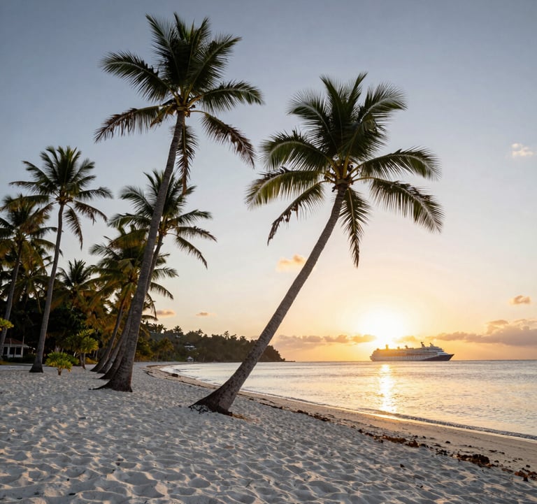 A wide-angle landscape shot of a pristine white-sand beach in the US Virgin Islands, with tall palm trees leaning over the shore and a distant cruise ship silhouetted against a golden sunset.