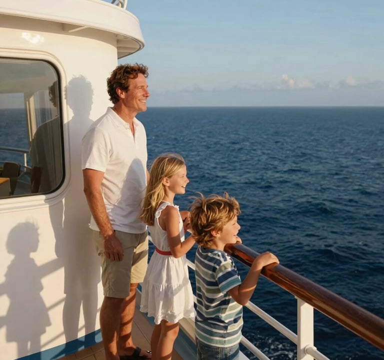 A North American family—a couple and two children—standing on a private cruise ship balcony, looking out at the deep blue sea and laughing together. The lighting is warm and golden, reflecting a happy family vacation.