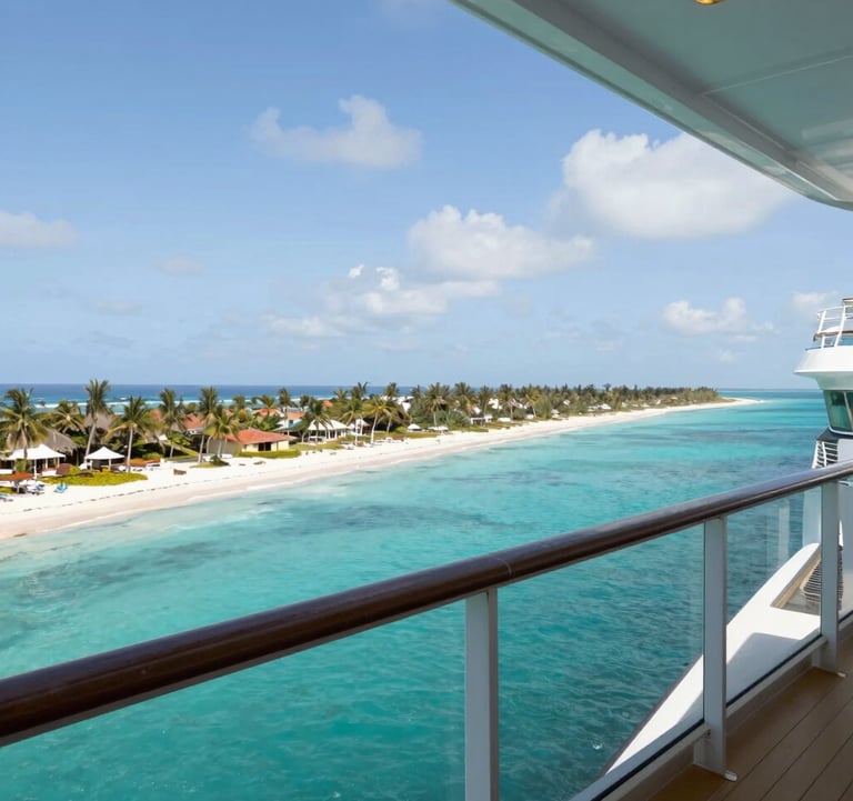 A high-end cruise ship balcony view overlooking a turquoise North American tropical bay with white sandy beaches in the distance, captured in bright, inviting midday light.