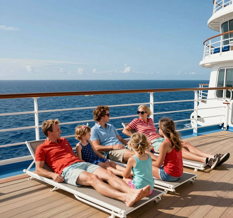 A candid shot of a happy family relaxing on a luxury cruise ship deck under the bright sun, wearing North American summer attire, overlooking a vibrant sky blue ocean.