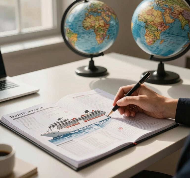 Professional lifestyle photography of a high-end travel planner's desk in a sun-drenched North American office, featuring cruise itineraries and a globe, with warm cream and deep blue tones.