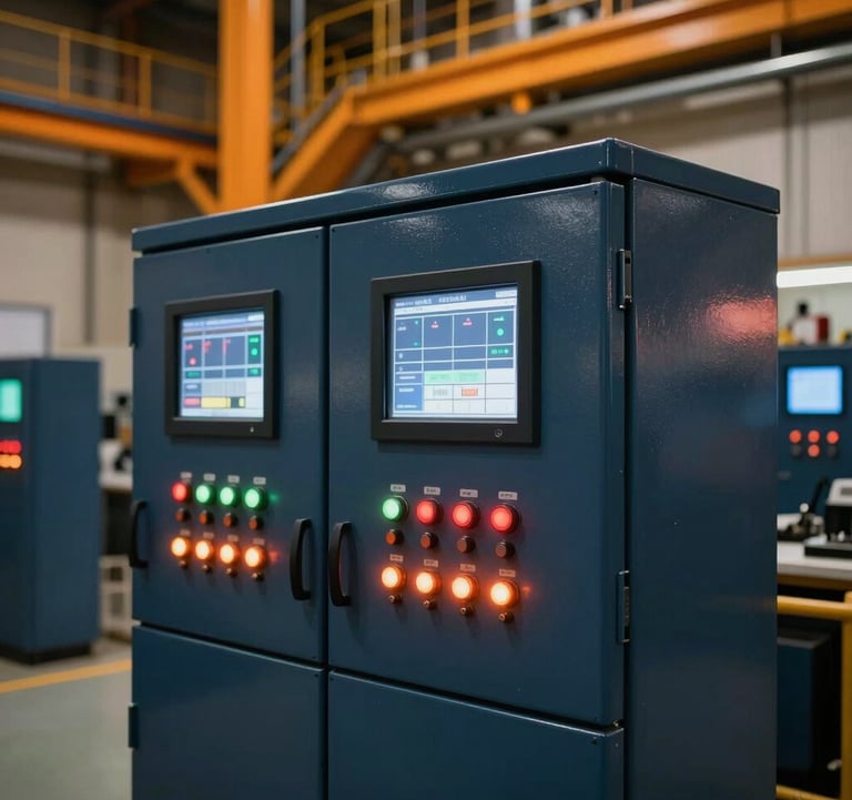 Close-up of a high-tech transformer control panel with glowing indicators and digital screens, set within a massive industrial facility in the Middle East. The lighting is dominated by deep navy and vibrant orange tones, reflecting a state-of-the-art technological environment.