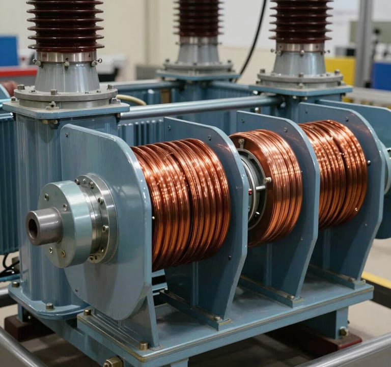 A close-up photograph of a high-power distribution transformer's core components, showcasing copper coils and robust steel shielding. Professional industrial lighting in a facility in the Middle East / خليجي with a color palette of navy blue and warm orange metallic reflections.