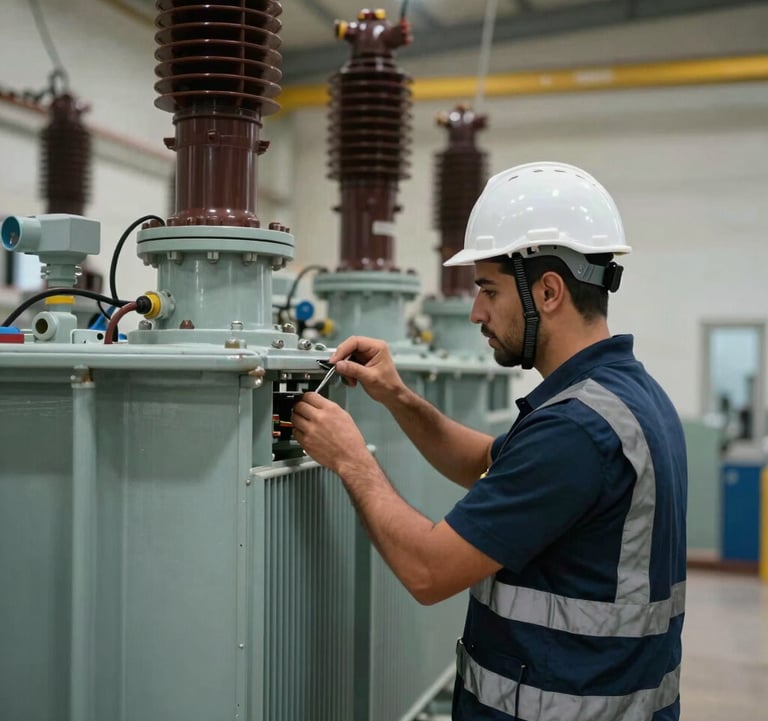 Professional photograph of an electrical engineer wearing a white hard hat and a navy blue safety vest, performing a detailed inspection on a large power transformer. The scene is set in an industrial facility in the الشرق الأوسط / خليجي region with soft daylight filtering through.