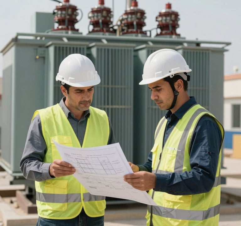 A medium shot of two electrical engineers in safety gear, including hard hats and reflective vests, reviewing blueprints in front of an array of electrical transformers in an outdoor facility. The setting is in the Middle East.