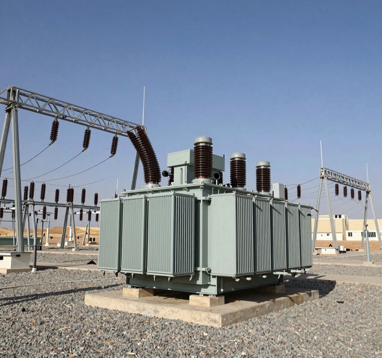 Wide shot of a newly commissioned electrical substation field with multiple high-voltage transformers arranged in a row. The ground is gravel, and the background shows a clear blue sky over a Middle Eastern landscape. Modern, industrial, and highly efficient aesthetic.