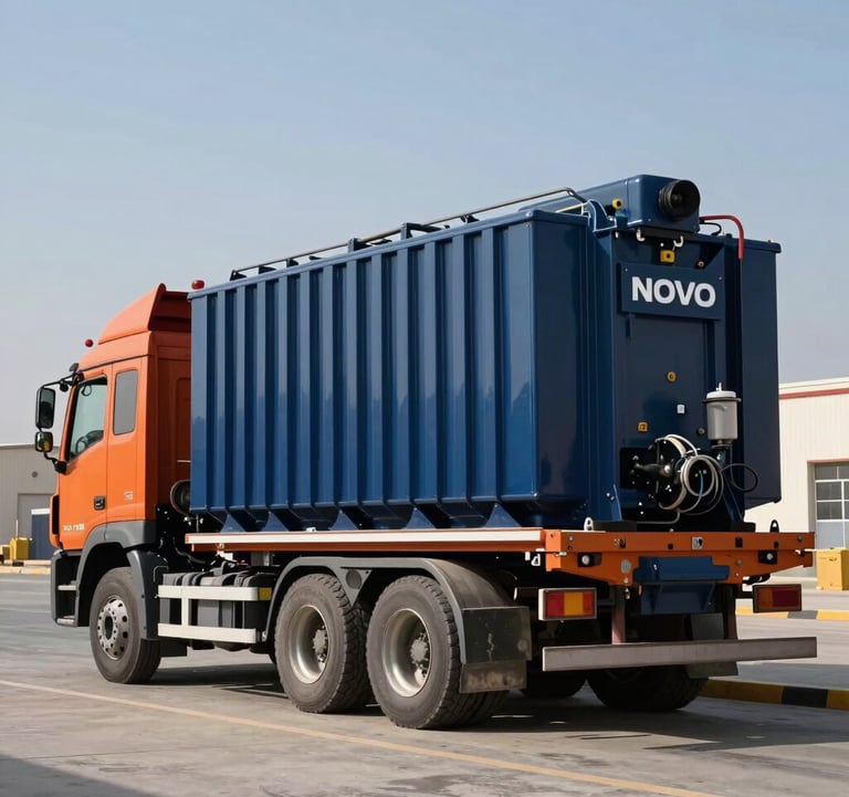An outdoor photograph of a logistics truck transporting a large NOVO power transformer. The setting is an industrial site in the Middle East during a clear day. The orange and navy blue colors of the equipment stand out against the blue sky.