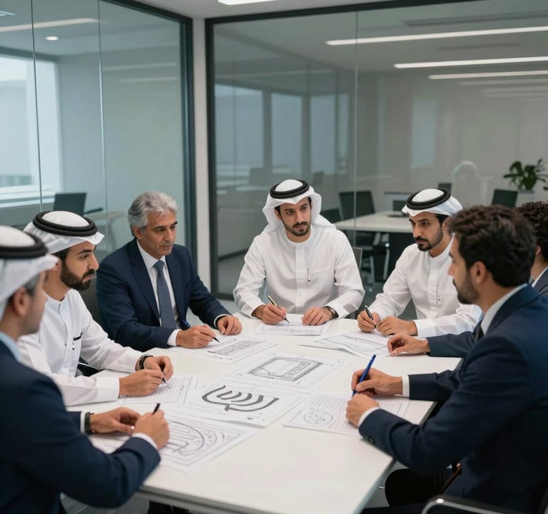 Photography of a group of professional engineers sitting in a modern conference room with glass walls, discussing energy project blueprints. The room is decorated in navy blue and white tones, reflecting a professional atmosphere in the الشرق الأوسط / خليجي region.