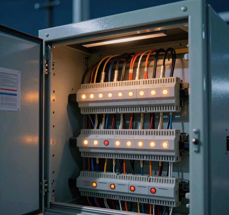 Detail shot of a professional electrical control panel with glowing indicators and organized wiring inside a modern energy project, representing technology and efficiency. Night-time indoor photography with soft blue and orange light in the Middle East / خليجي.