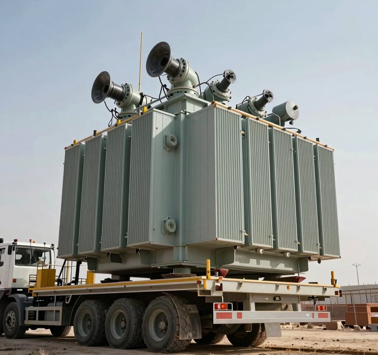 Low angle photograph of a massive power transformer arriving on a heavy-duty transport trailer at a construction site in the الشرق الأوسط / خليجي region. The scale of the equipment is impressive against the clear horizon.