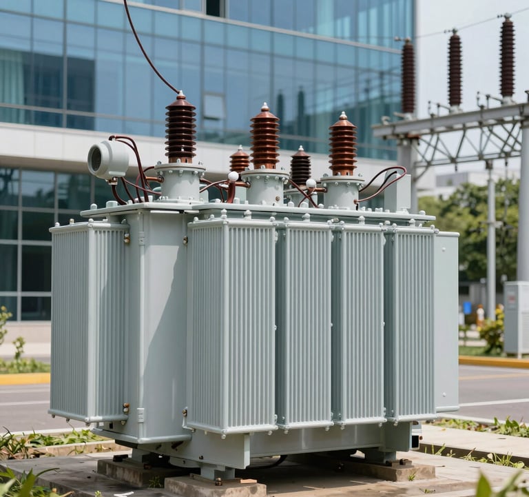 Clean, professional ground-level shot of a large grey power distribution transformer outdoors in a sunny Gulf setting. The image shows intricate wiring and copper components with a modern glass office building in the blurred background. Natural bright lighting, high contrast.
