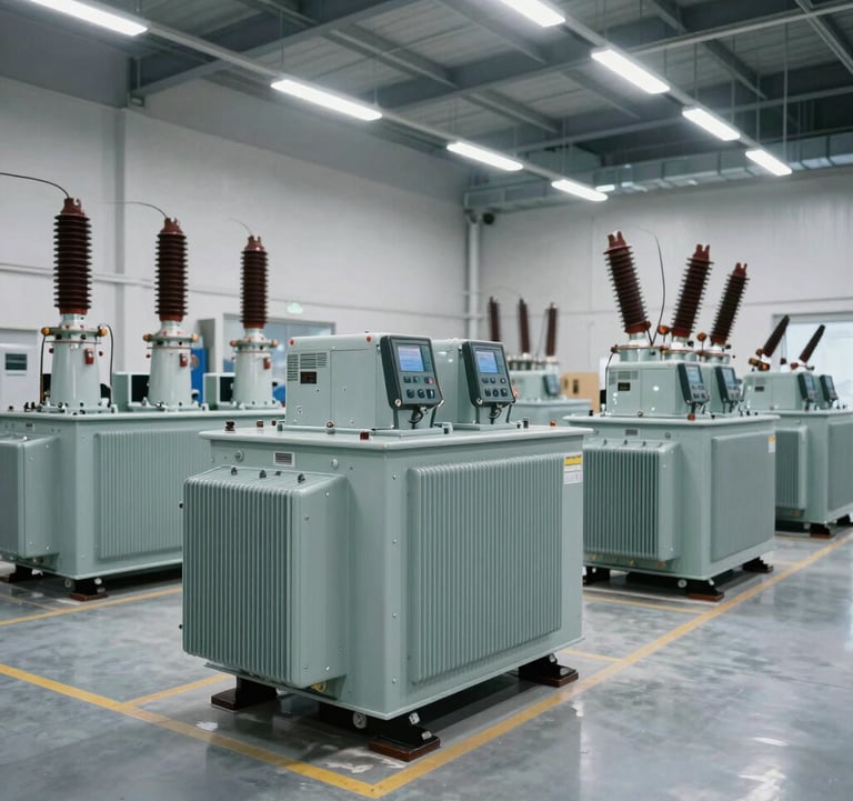 A professional wide shot of a clean, modern electrical warehouse in the Middle East, filled with organized rows of distribution and power transformers. The floor is polished concrete and the lighting is bright white LED.