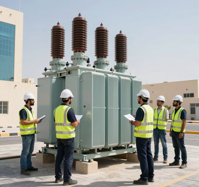 Wide shot of a team of professional engineers in energy industry attire inspecting a large electrical transformer installation in a modern urban environment in the Middle East / خليجي. Bright, clear daylight with a professional and trustworthy atmosphere.