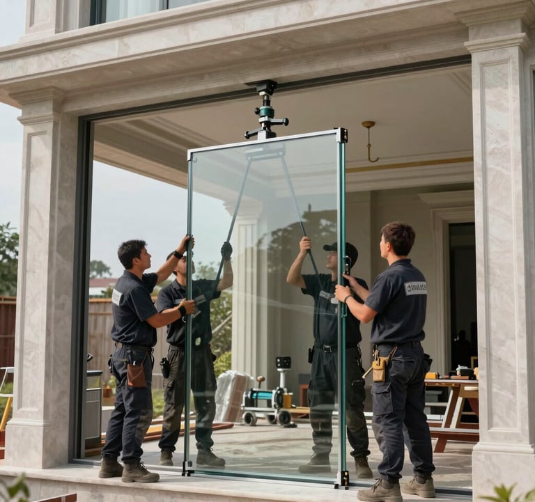 A professional construction crew in coordinated dark uniforms using advanced glass suction lifting equipment to install a large format pane into a luxury villa frame. Global construction context, daytime lighting.