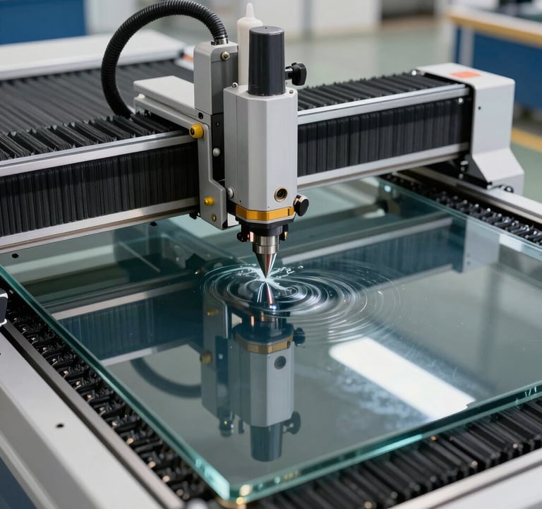 A high-angle, clean shot of an automated CNC glass cutting table in operation. Precise water-jet or diamond cutting technology visible on a large glass sheet. Industrial-luxury aesthetic. International / Global.